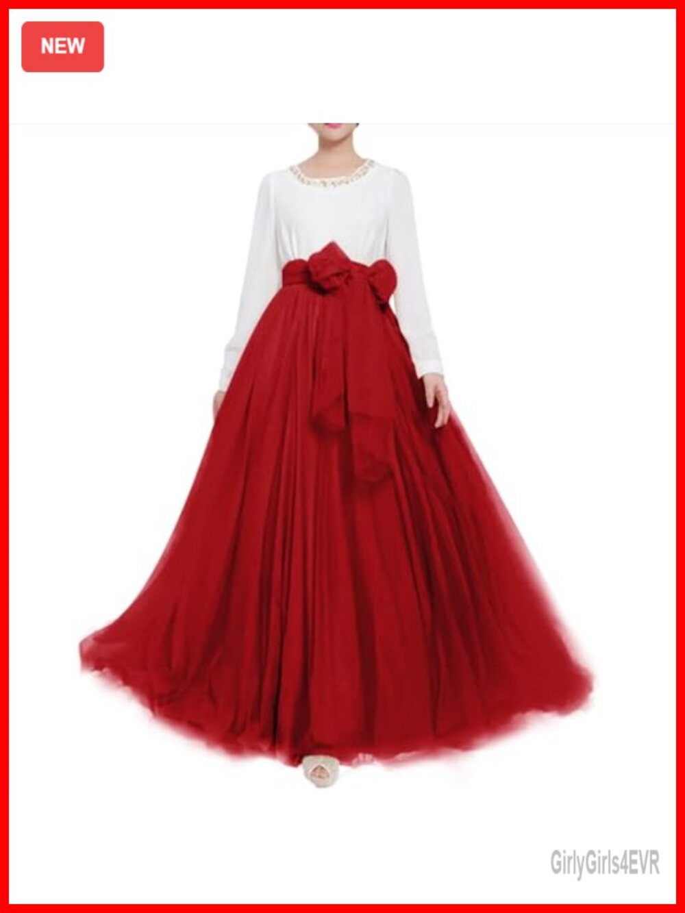 Women's Long Maxi Tulle Skirt A-Line High Waisted with Bowknot Belt